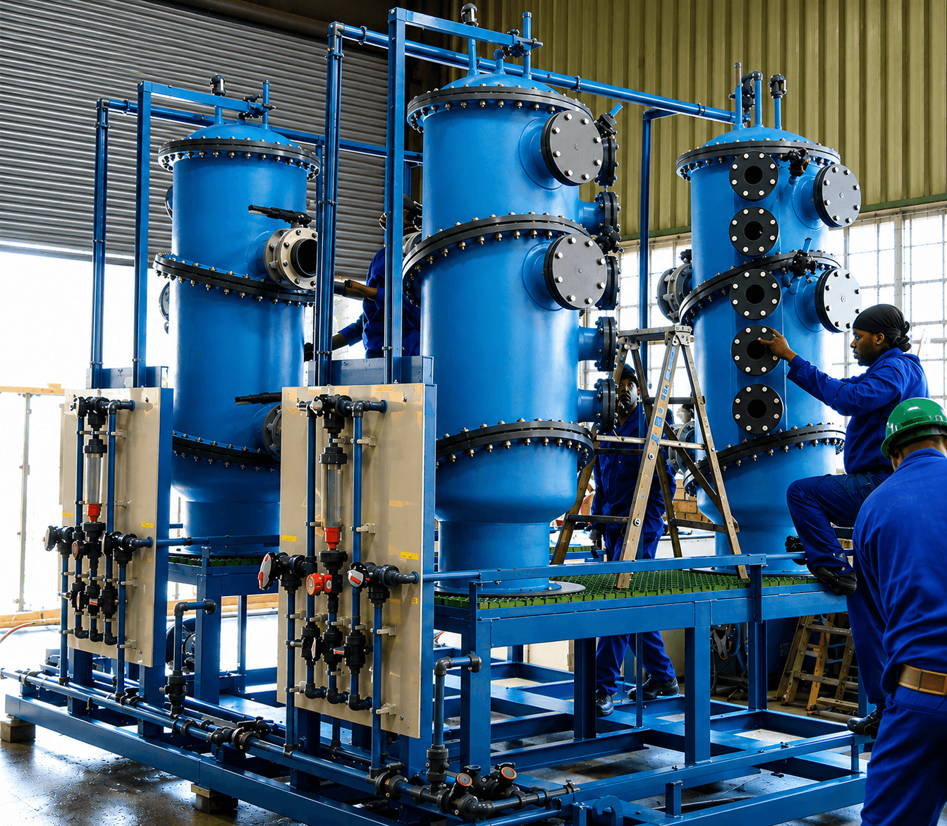 Technicians assembling a three-column blue pressure vessel system on a blue steel skid, with flow meters, bolted flanges and piping in a workshop