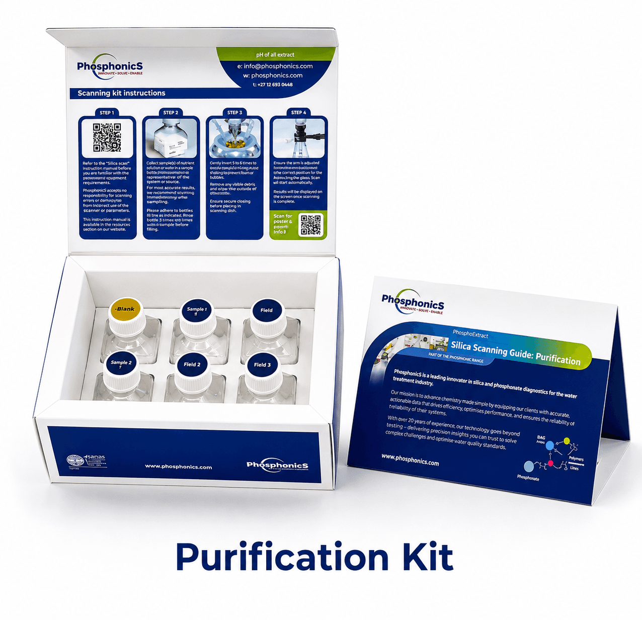 PhosphonicS Purification Kit open box with sample vials and purification guide insert card