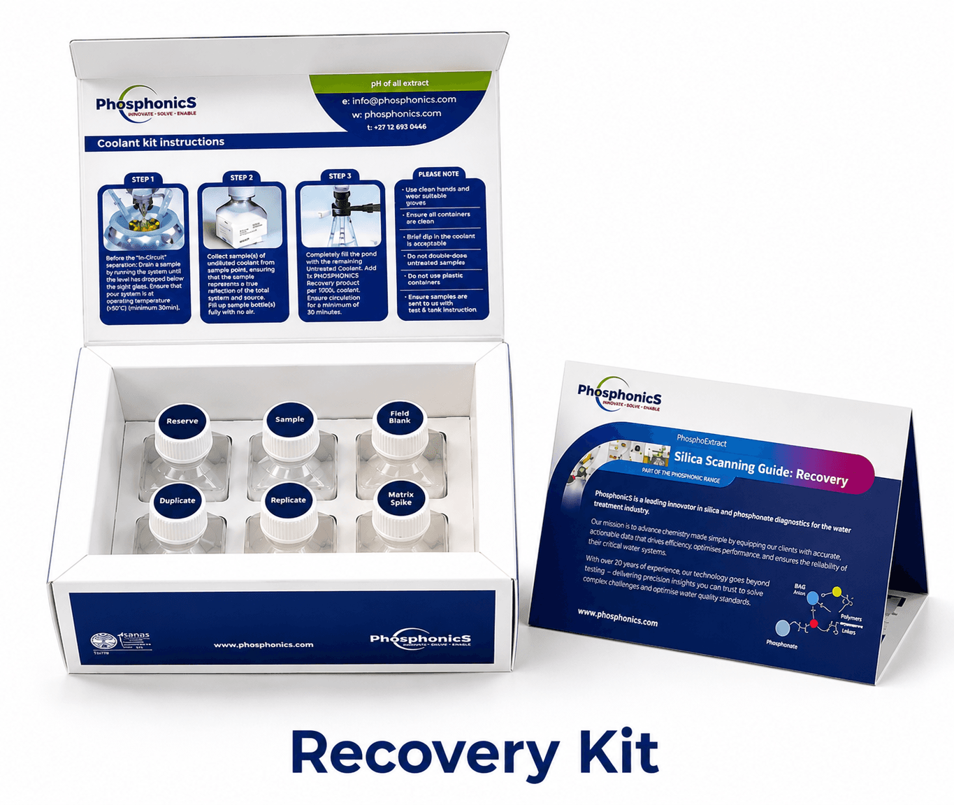 PhosphonicS Recovery Kit open box with sample vials and recovery guide insert card